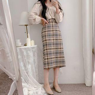 Long-sleeve Buttoned Blouse / Plaid Midi A-line Skirt