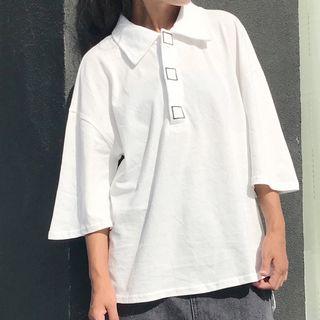 Plain Elbow-sleeve Polo Shirt White - One Size