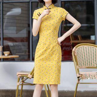 Floral Print Short-sleeve Mini Qipao
