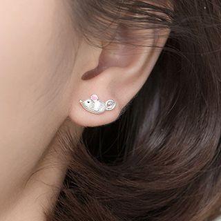 925 Sterling Silver Mouse Earring 1 Pair - Silver & Pink - One Size