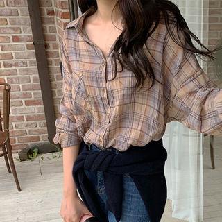 Drop-shoulder Plaid Shirt Mocha - One Size