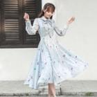 Long-sleeve Bird Print Ribbon Accent Midi A-line Dress