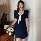 Square-neck Puff-sleeve Mini A-line Dress Navy Blue - One Size