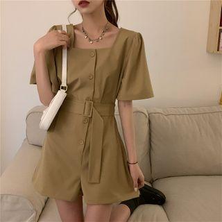 Plain Square-neck Button Short-sleeve Jumper Shorts