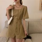 Plain Square-neck Button Short-sleeve Jumper Shorts