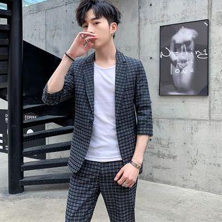 Set: Plaid 3/4-sleeve Blazer + Cropped Dress Pants