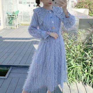 Long-sleeve Crochet Lace Collar Fringed Midi Chiffon Dress