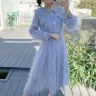 Long-sleeve Crochet Lace Collar Fringed Midi Chiffon Dress