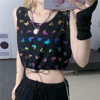Butterfly Print Drawstring Crop Tank Top