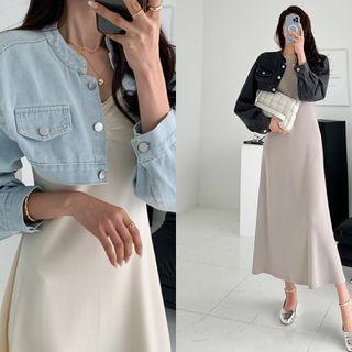 Mandarin-collar Denim Bolero Jacket
