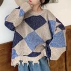 Round-neck Color Panel Plaid Sweater