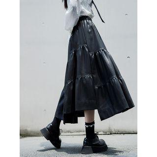 Faux Leather Tiered Midi A-line Skirt