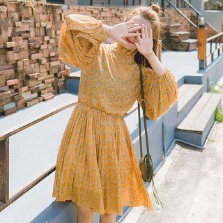 Floral Print Frilled Neck Lantern-sleeve Chiffon Dress