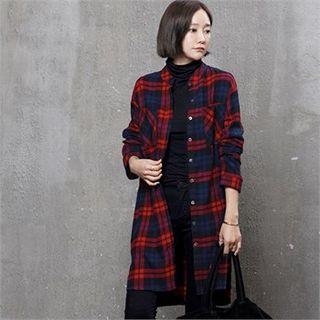 Mandarin-collar Checked Long Shirt Red - One Size