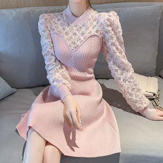 Long-sleeve Lace Panel Knit Mini A-line Dress