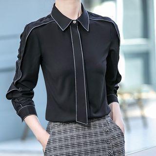 Long-sleeve Contrast Stitching Shirt / Cropped Dress Pants / Set
