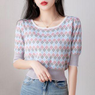 Argyle Knit Crop Top Argyle - Blue - One Size