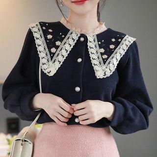 Laced Sailor-collar Embroidered Cardigan