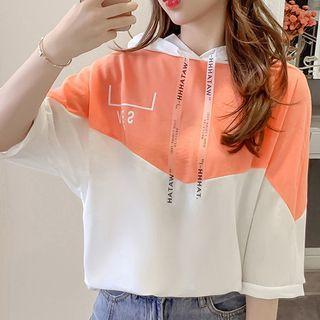 3/4-sleeve Color Block Letter Hoodie