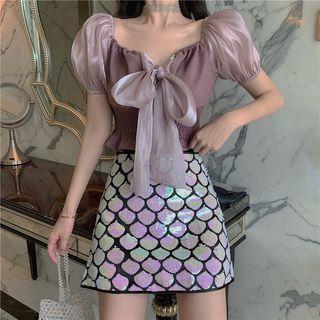 Puff-sleeve Tie Neck Mesh Panel Blouse As Shown In Figure - One Size