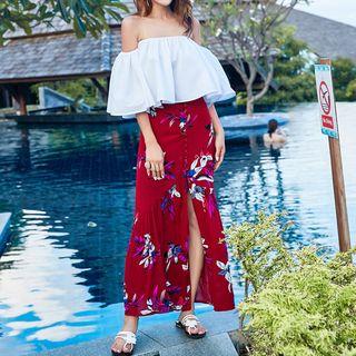 Set: Off-shoulder Top + Print Maxi Skirt