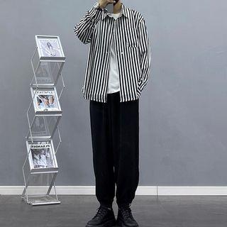 Long-sleeve Striped Shirt / Short-sleeve Lettering T-shirt / Plain Loose-fit Pants