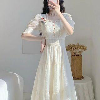 Elbow-sleeve Ruffled Embroidered Midi A-line Dress