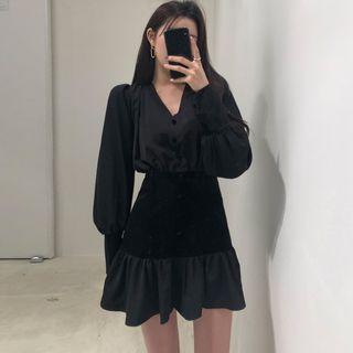 Long-sleeve Velvet Paneled Frill Trim A-line Mini Dress