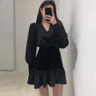 Long-sleeve Velvet Paneled Frill Trim A-line Mini Dress