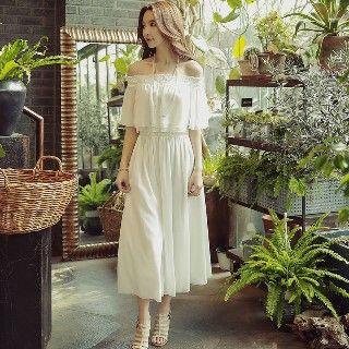 Set: Off-shoulder Chiffon Top + Wide-leg Pants
