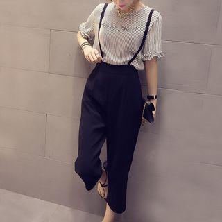 Set: Striped Short-sleeve Top + Cropped Jumper Pants