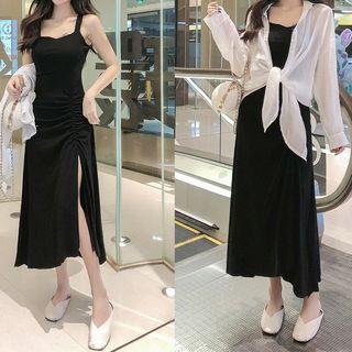 Wide Strap Shirred Midi Split Dress / Plain Shirt / Set