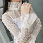 Long-sleeve Lace Paneled Frill Trim Mesh Top