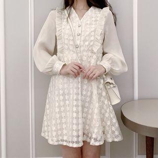 Balloon-sleeve Ruffled A-line Lace Dress