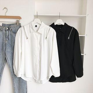 Zip-accent Long-sleeve Button-down Shirt