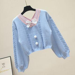 Bow Contrast Trim V-neck Cropped Knit Top