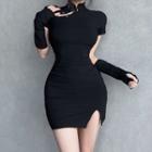 Set: Short-sleeve Mini Bodycon Qipao Dress + Arm Sleeves