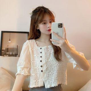 Short-sleeve Square-neck Embroidered Blouse Off-white - One Size