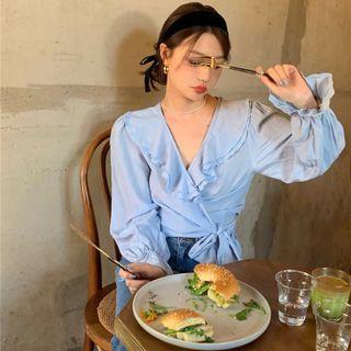 Long-sleeve V-neck Ruffle Blouse Blue - One Size