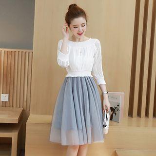 Set: Perforated Off Shoulder 3/4 Sleeve Top + Mesh Midi Skirt
