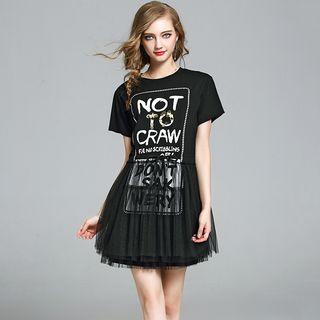 Mesh Panel Lettering Short Sleeve T-shirt Dress