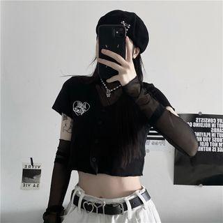 Short-sleeve Heart Embroidered Button-up Crop Top / Long Sleeve Plain Mesh Top