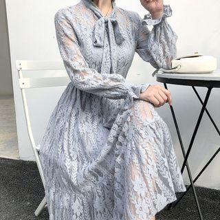 Bow Accent Lace Long-sleeve A-line Dress / Lace Blouse / Slipdress / Camisole Top / Set