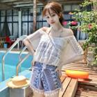 Set: Printed Tankini Top + Tassel Hem Swim Shorts + Cover-up