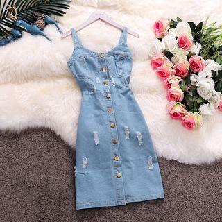 Distressed Spaghetti Strap Denim A-line Dress