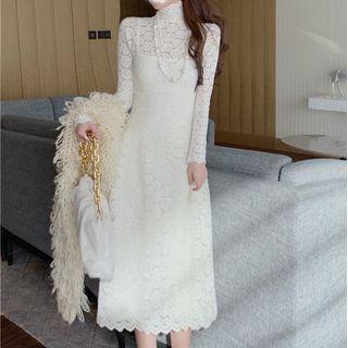 Set: Midi A-line Lace Dress + Slipdress