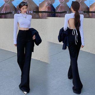 Long-sleeve Open-back Crop Top / Boot-cut Pants / Single-breasted Blazer