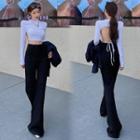 Long-sleeve Open-back Crop Top / Boot-cut Pants / Single-breasted Blazer