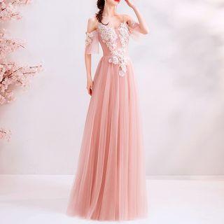 Elbow-sleeve Cold Shoulder Floral Detail Ball Gown