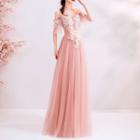 Elbow-sleeve Cold Shoulder Floral Detail Ball Gown